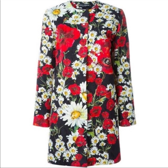 Dolce & Gabbana Daisy Poppy Red Printed Brocade Coat Jacket Topper Cotton Silk - Picture 1 of 14